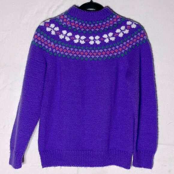 Hand Knit Purple Fair Isle Mock Neck Sweater M - Picture 10 of 11
